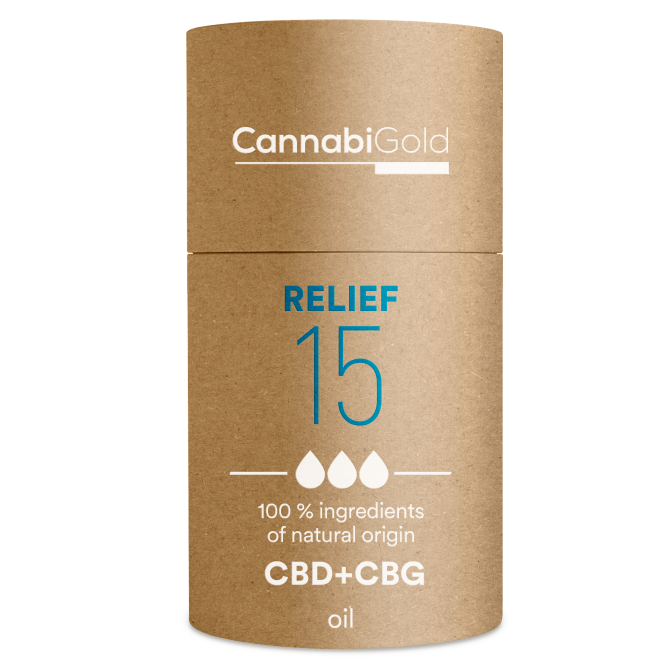 Óleo de CannabiGold Relief 15 % (13,5 % CBD, 1,5 % CBG), 1800 mg, 12 ml