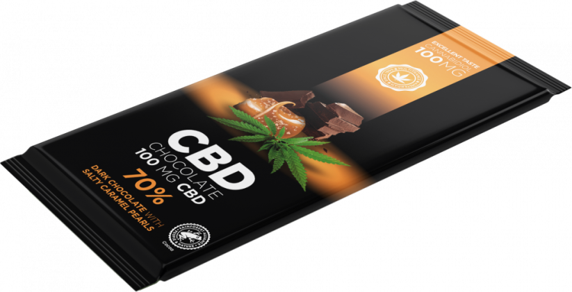 CBD tamsusis šokoladas su sūriais karamelės perlais (100 mg CBD), 15 batonėlių dėžutėje