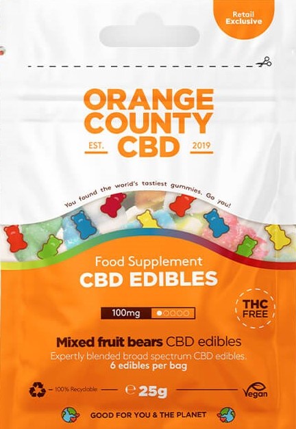 Orange County CBD Buteliai, mini patraukti maišas, 100 mg CBD, 6 vnt, 25 g