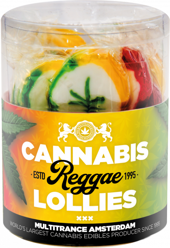 Cannabis Reggae Lollies - სასაჩუქრე ყუთი (10 ლოლი), 24 ყუთი მუყაოს კოლოფში
