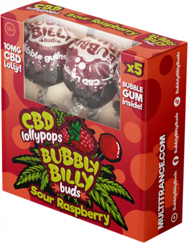 Bubbly Billy Buds 10 mg CBD savanyú málna nyalókák, belül rágógumival – ajándékdoboz (5 nyalóka)