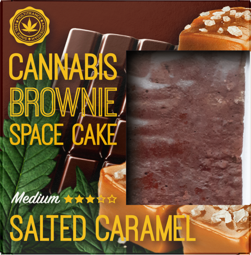 Balenie kanabisového slaného karamelového brownie Deluxe (Stredná príchuť Sativa) – kartón (24 balení)