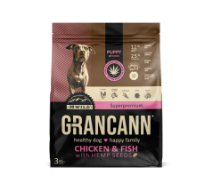 Grancann Κοτόπουλο & ψάρι με σπόρους κάνναβης - Τροφή κάνναβης για κουτάβια όλων των φυλών, 3 κιλά
