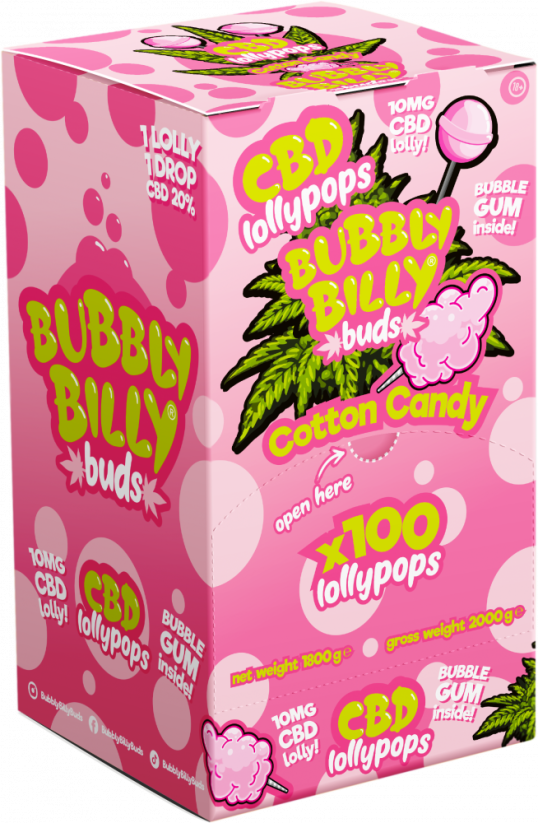 Bubbly Billy კვირტები 10მგ CBD ბამბის ტკბილეული ლოლიები ბუშტუკებით შიგნით – საჩვენებელი კონტეინერი (100 ლოლი)