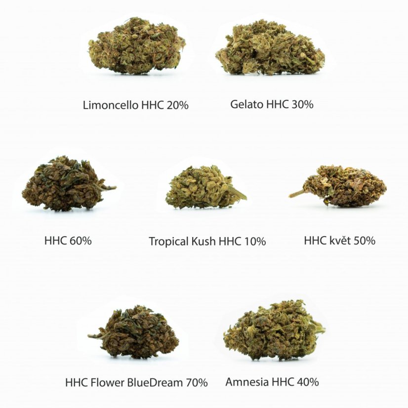 HHC Flowers Sample sett- Tropical Kush 10%, Limoncello 20%, Gelato 30%, Minnisleysi 40%, Ostur 50%, OG Kush 60%, Blue Dream 70% - 7 x 1 g