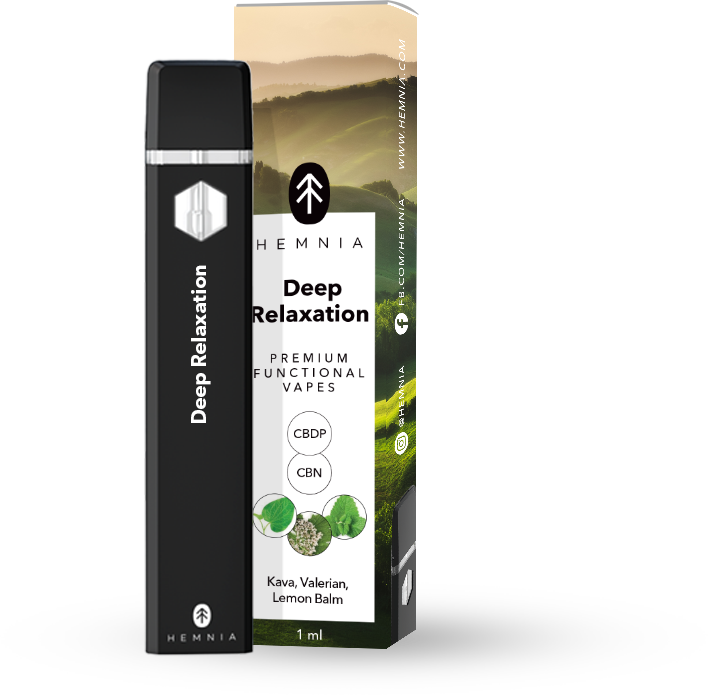Hemnia Premium Functional CBDP и CBN Vape Pen Deep Relaxation - 5 % CBDP, 90 % CBN, кава, валериана, маточина, 1 ml