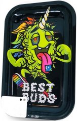 Best Buds LSD Large Metal Rolling Tray with Magnetic Grinder Card