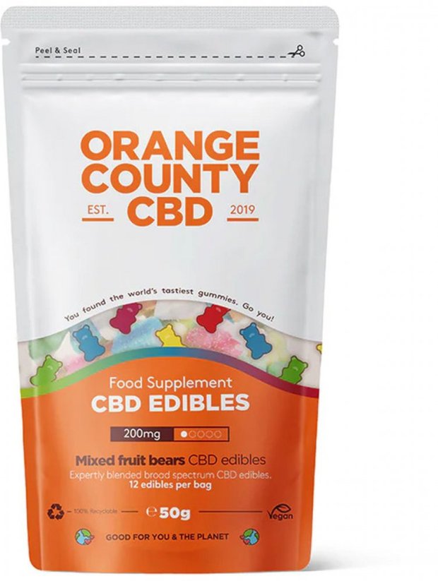 Orange County CBD Meškiukai, kelioninė pakuotė, 200 mg CBD, 12 vnt, 50 g