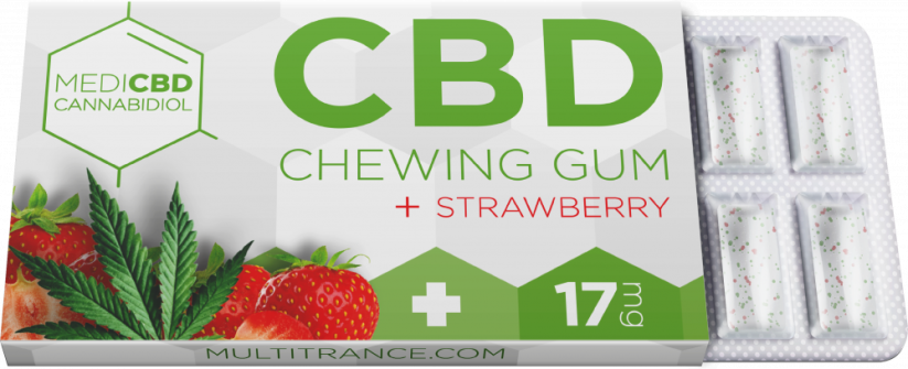 Goma de mascar MediCBD Strawberry CBD (17 mg CBD), 24 caixas em exibição