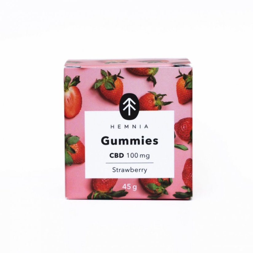 Hemnia CBD-gummier, sure jordbær, 100 mg CBD, 20 stk. x 5 mg, 45 g