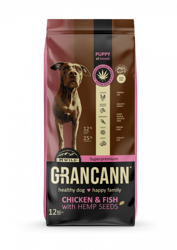 Grancann Frango e Peixe com sementes de cânhamo - Ração de cânhamo para cachorros de todas as raças, 12kg