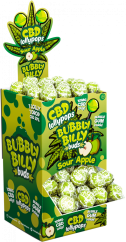Bubbly Billy Púčiky 10 mg CBD kyslé jablkové lízanky s žuvačkou vo vnútri – nádoba na displej (100 lízaniek)