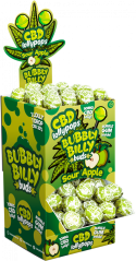 Bubbly Billy Buds 10 mg CBD savanyú alma nyalókák rágógumival – kijelző tartály (100 nyalóka)