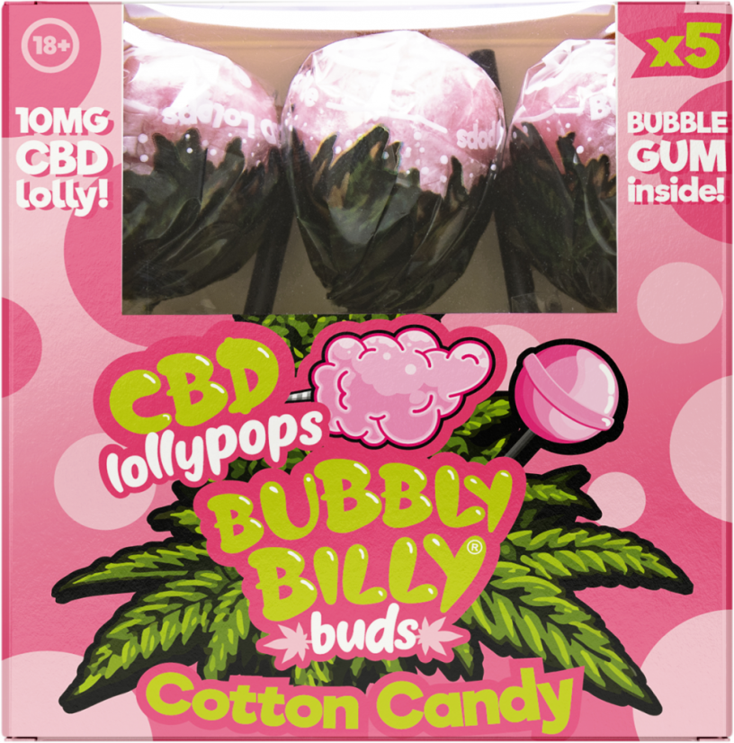 Bubbly Billy Buds 10 mg Sucettes de barbe à papa CBD avec Bubblegum à l'intérieur – Coffret Cadeau (5 Sucettes)