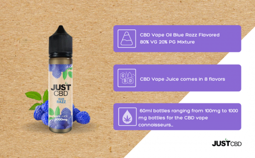 JustCBD Liquide CBD Bleu Razz, 60 ml, 500 mg - 3000 mg CBD