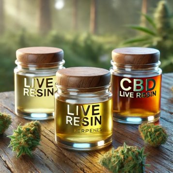 Tres tarros de cristal que contienen concentrados de cannabis con las etiquetas: resina viva, resina viva terpenos y resina viva CBD sobre una mesa de madera, alrededor de la cual hay bastoncillos de cáñamo técnico CBD