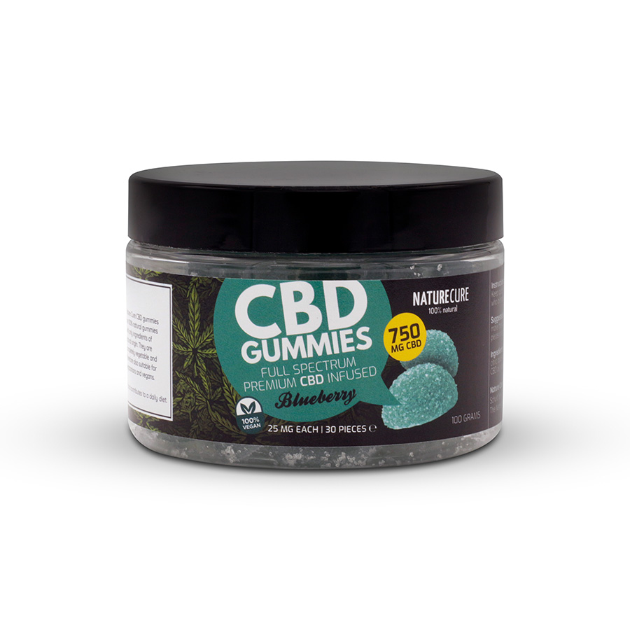 Nature Cure CBD veganští borůvkoví gumídci - 750 mg CBD, 30 ks, 100 g