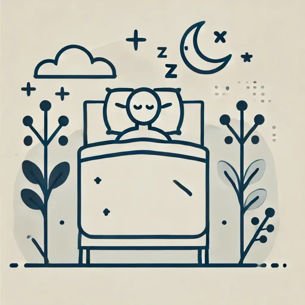 Black and white illustration of a figure sleeping in bed, the moon and plants, depicting better sleep, which may be an effect of 10-OH-THC