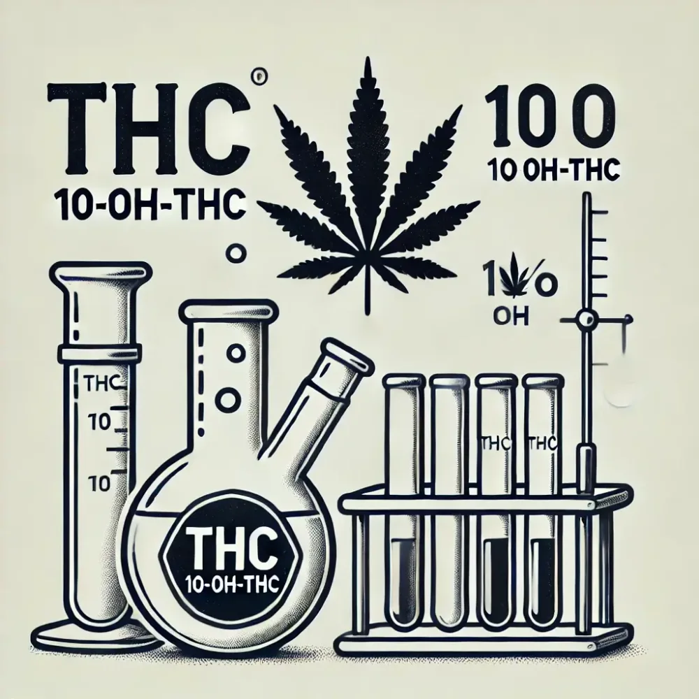 Material de laboratorio ilustrado en blanco y negro, como vasos de precipitados, matraces y texto: 10-OH-THC, y una hoja de cannabis