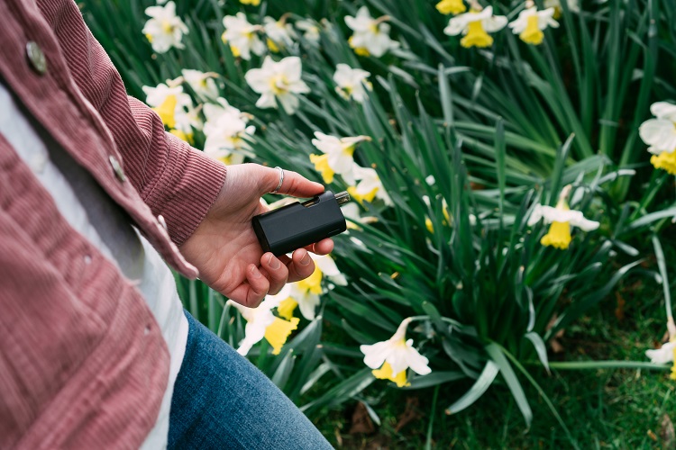 Homme tenant un vaporisateur portable, fleurs de printemps en arrière-plan