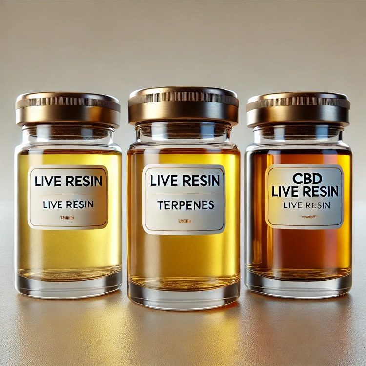 Tři skleněné nádoby obsahují live resin, live resin terpeny a CBD live resin