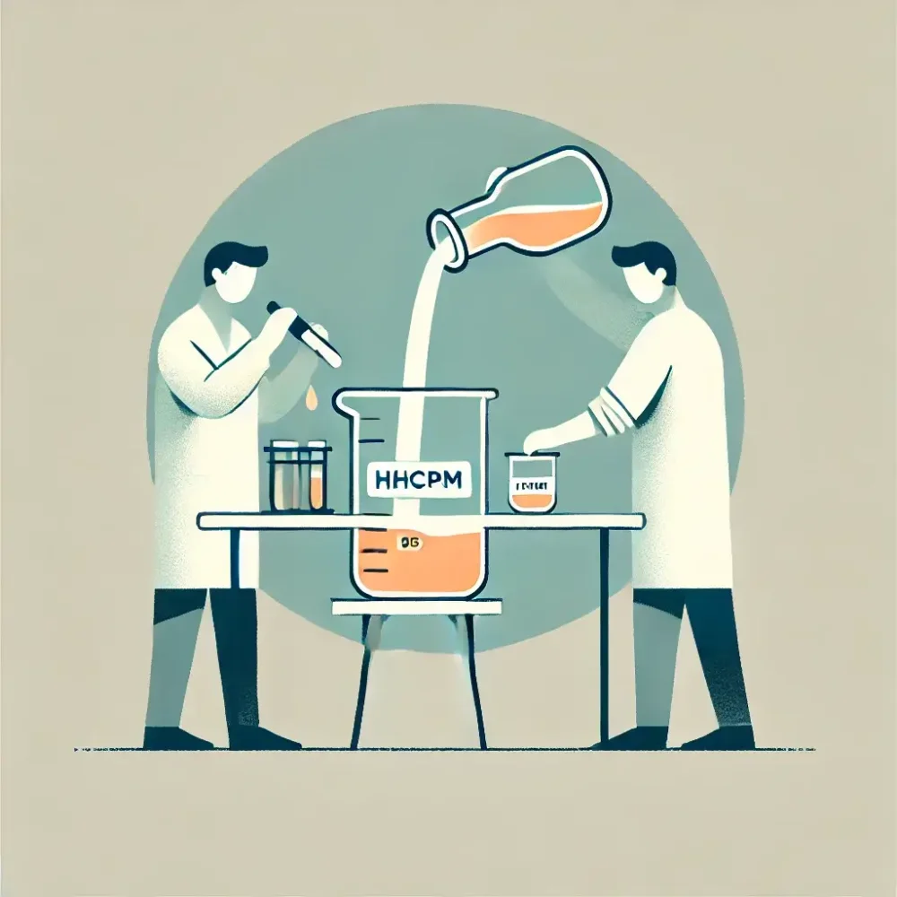 A simple illustration of two men in a laboratory, in the middle a container labelled HHCPM into which the low viscosity HHCPM distillate is poured